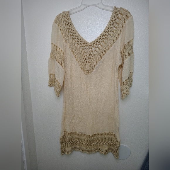 Elegant Cream Crochet Cover Up Midi Dress Sz S-M Cotton Blend - Picture 1 of 11